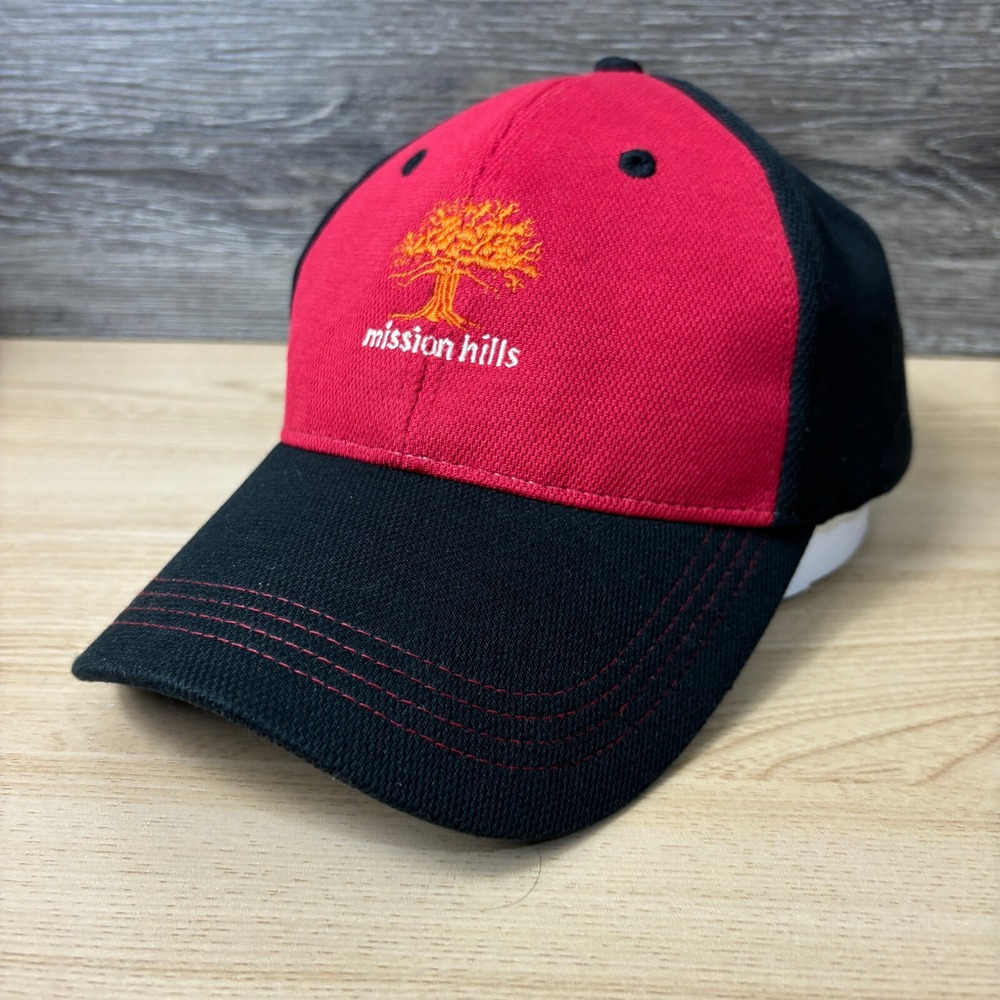 Mission Hills Hat Cap Fitted Mens S-M Red Black Logo Golf Casual